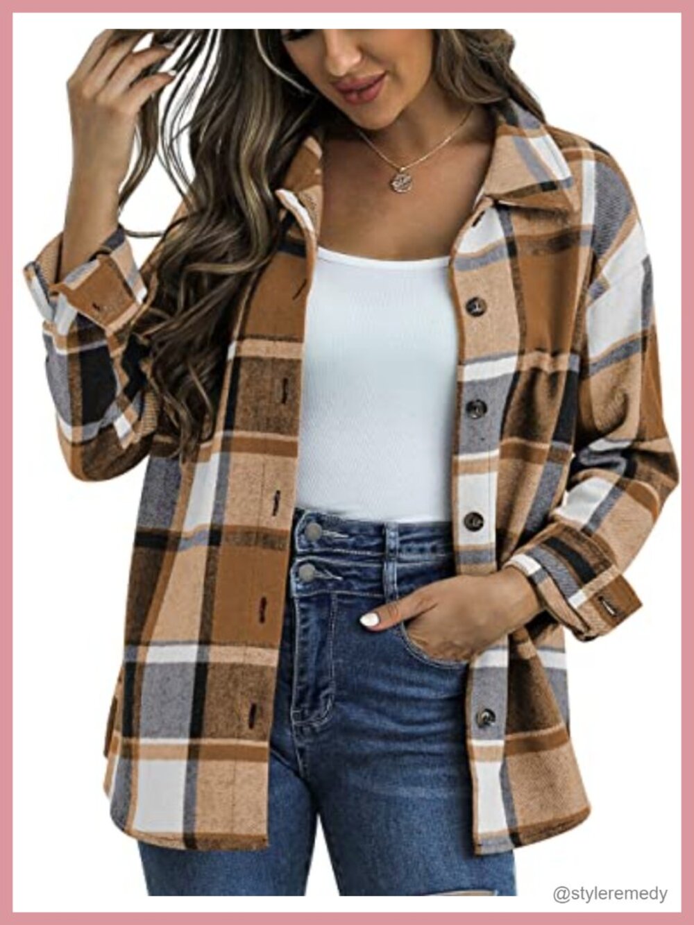 Plaid Flannel Shacket Button Down Shirt Jacket Long Sleeve Loose Fit